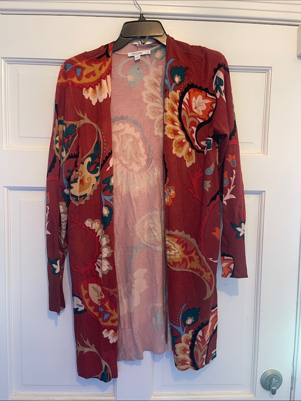 Chico's Rust Paisley Floral Open Cardigan with Teal and Mustard Accents